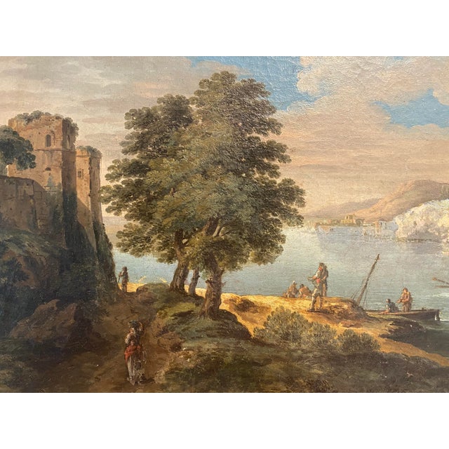 19th Century 19th Century Beautiful Oil Painting of Figures and Vessels on a Lake For Sale - Image 5 of 11