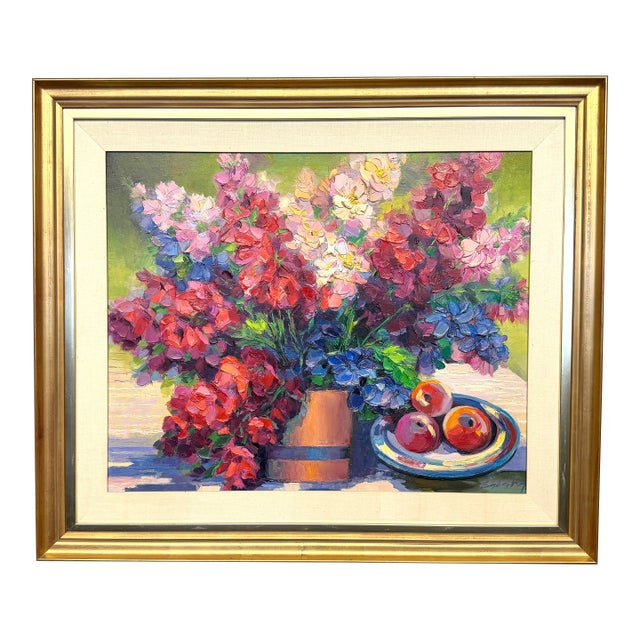 Mid-Century Original Floral Still Life Oil Impasto Painting For Sale