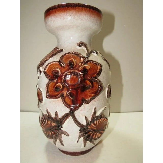 Vintage Glossy White Abstract Raised Designed Brown Flowers Italian Vase Signed Numbered Italy Art Pottery * No chips or...