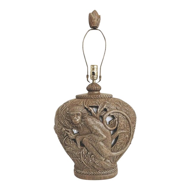 Late 20th Century Hollywood Regency Sculptural Monkey Table Lamp, Original Finial For Sale