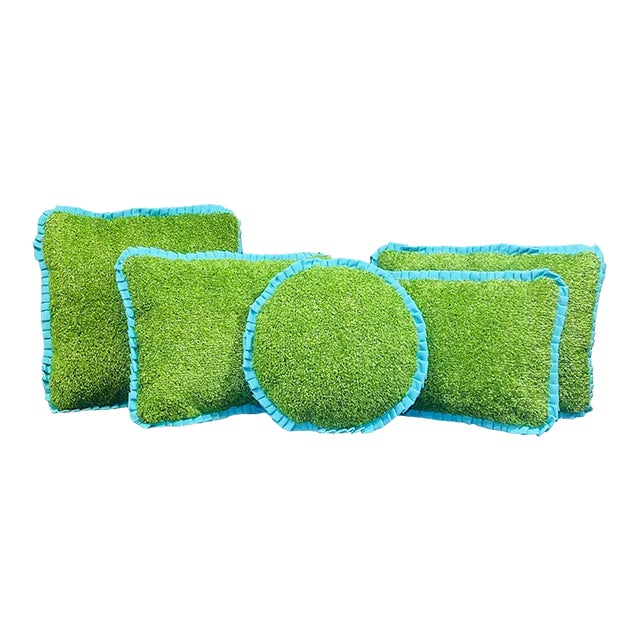 Custom Handcrafted Artificial Turf Lumbar Pillow With Turquoise Ruffle - Small Round For Sale