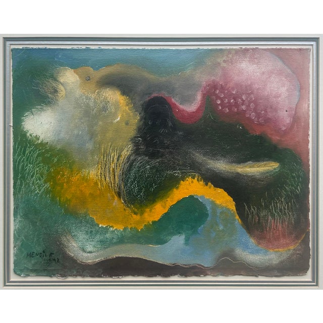 Vintage Mixed Media Abstract Painting by Manuel Mendive, Signed Dated "92 Offered for sale is a mixed media painting on...