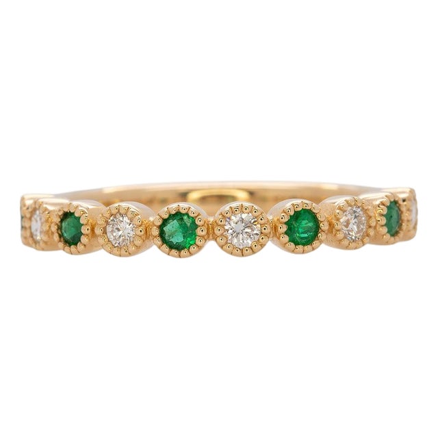 Zambian Emerald Band Ring With Earth-Mined Diamond Accents: Solid 14k Gold, Size 6.75 For Sale