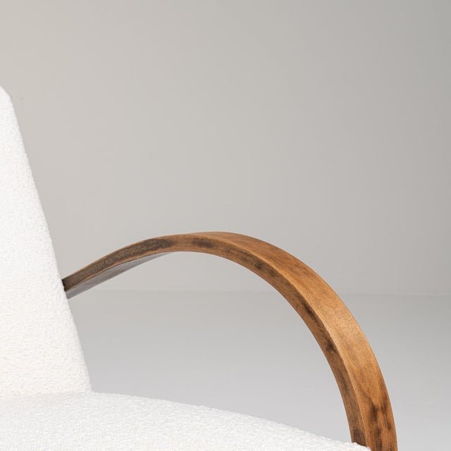 20th Century Czech Republic Warm Ivory Boucle Bentwood-Arm Lounge Chair For Sale - Image 4 of 11