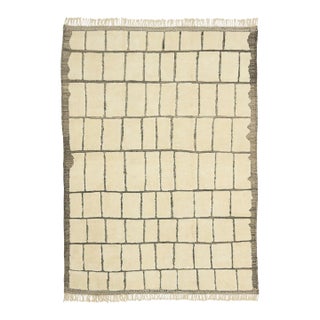 Hand-Drawn Grid Hand-Knotted Moroccan Wool Rug | 13'7" X 9'7" | One of a Kind For Sale