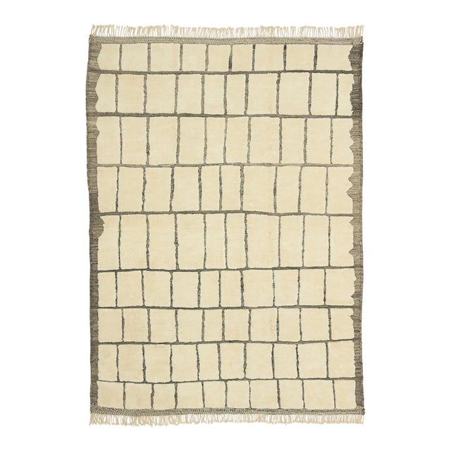 Hand-Drawn Grid Hand-Knotted Moroccan Wool Rug | 13'7" X 9'7" | One of a Kind For Sale