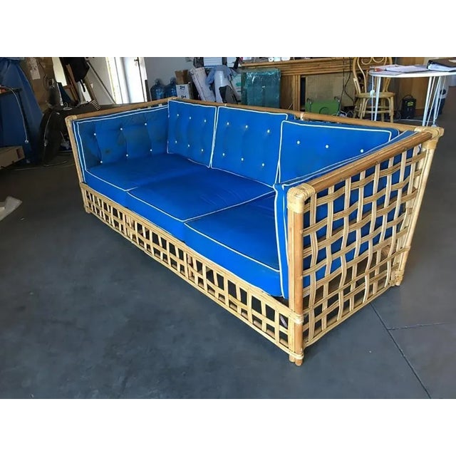 Restored Milo Baughman Style Stick Reed Rattan Cubists Sofa For Sale In Los Angeles - Image 6 of 12