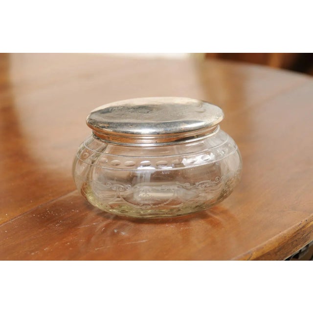 1920s Small English Glass Vanity Jar with Incised Silver Lid & Etched Design For Sale - Image 4 of 12