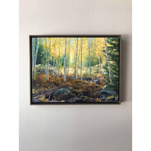 This artwork depicts a vibrant forest scene bathed in golden light, where slender aspen trees rise amidst a tapestry of...