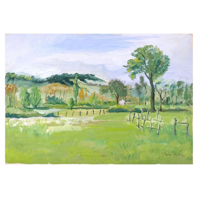 Hilly Landscape - Original Acrylic on Paper by G.-I. Darbois-Gaudin - 1970s 1970s For Sale