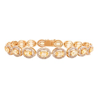 Luxury 5.76 Ct Yellow Sapphire & Diamond Halo Tennis Bracelet in 14k Yellow Gold For Sale
