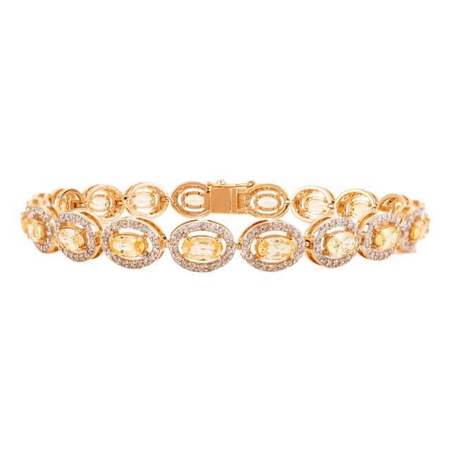 Luxury 5.76 Ct Yellow Sapphire & Diamond Halo Tennis Bracelet in 14k Yellow Gold For Sale