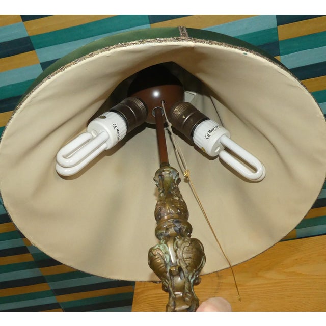 Vintage Table Lamp in Brass and Dark Green Satin Shade, 1920s For Sale - Image 11 of 13