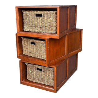 Storage Crates With Pull Out Rattan Baskets, Set of 3 For Sale