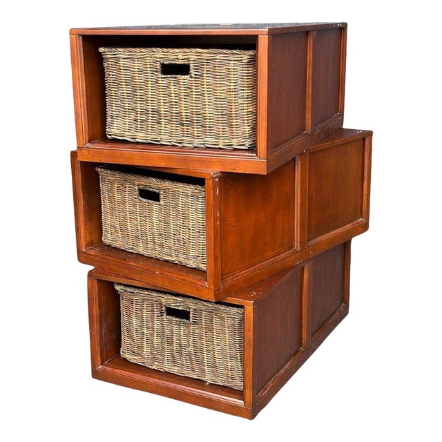 Storage Crates With Pull Out Rattan Baskets, Set of 3 For Sale