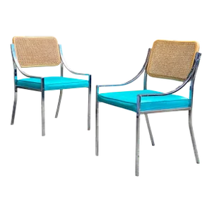Vintage Post-Modern Sculptural Chrome Cane Back Turquoise Arm Chair - a Pair
