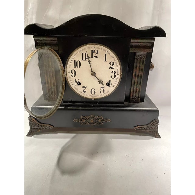 Victorian Antique American Black Mantel Clock by Waterbury For Sale - Image 3 of 7