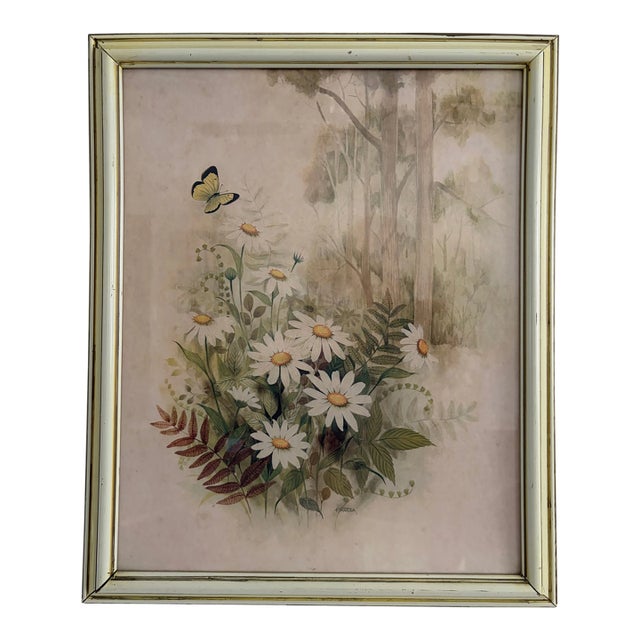 Vintage 1970s F. Massa “Splendors of Nature” Floral Daisy & Butterfly Framed Print For Sale