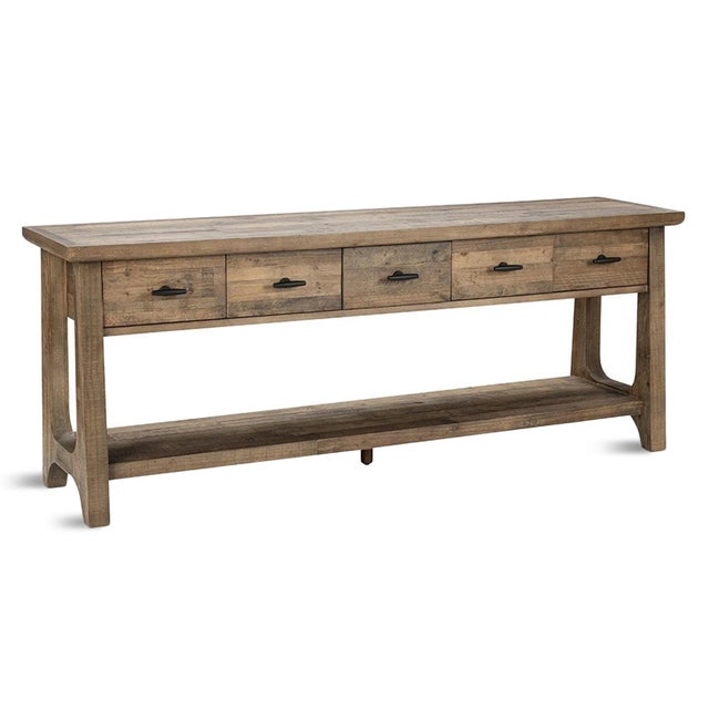 Farmhouse modern style solid salvaged natural pine wood console table with five drawers. Black iron drawer pulls add...