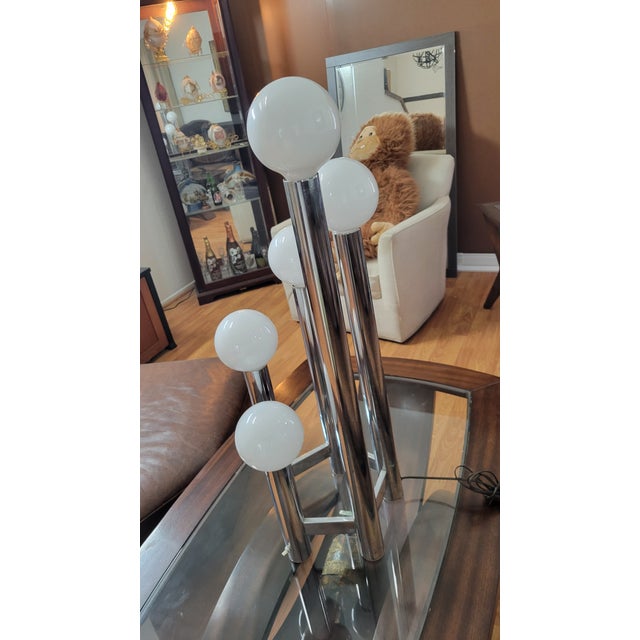 Amazing space age atomic hexagonal brass tower lamp. In the style of J. T. Kalmar, Chrome, 5 oversized bulb sockets.