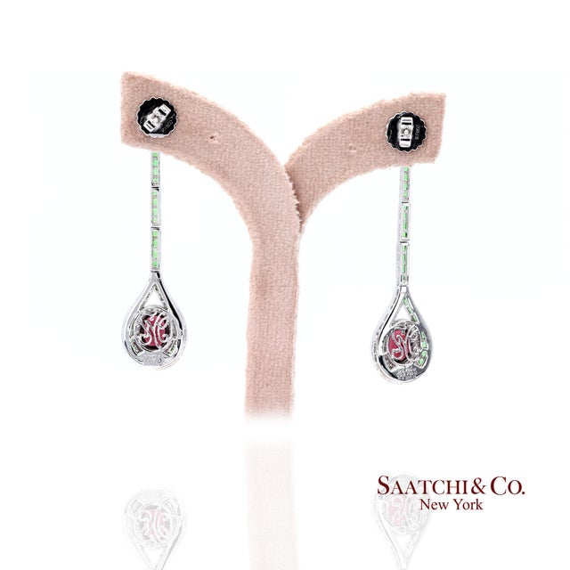 Early 21st Century Platinum 950 Dangling Natural Ruby Emerald and Diamond Earring - Set of 2 For Sale - Image 5 of 13