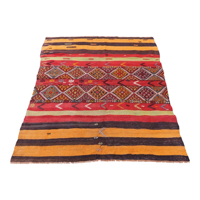1960s Anatolian Ethnic Design Hand Knotted Natural Kilim Rug For Sale