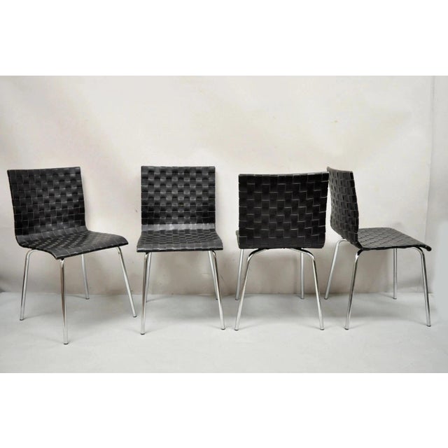 Late 20th Century Contemporary Modern Black Woven Leather Chrome Frame Dining Chairs - Set of 4 For Sale - Image 9 of 9