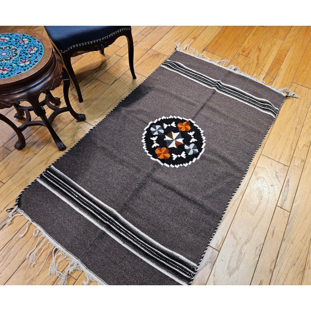 Vintage Mexican Serape Blanket Kilim, Handwoven Wool, Dark Gray/Chocolate, 3x6 For Sale - Image 10 of 10