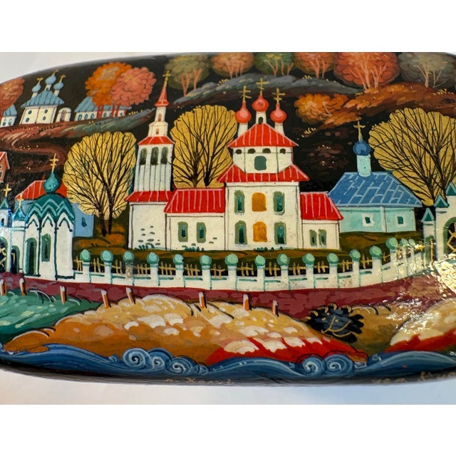 Wood Vintage Russian Hand Painted Laquered Wood Trinket Box For Sale - Image 7 of 11