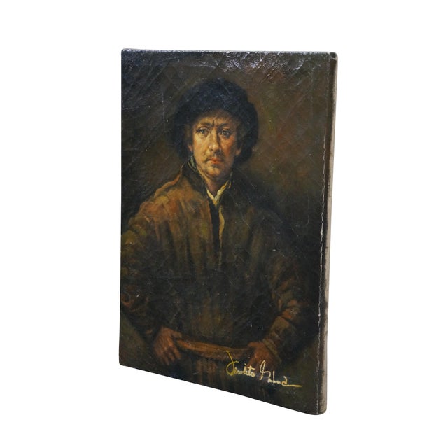 Realism Vintage Oil Painting Self Portrait After Rembrandt Canvas Signed 16" For Sale - Image 3 of 10