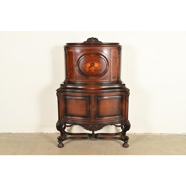 Victorian R. J. Horner Style Renaissance Revival Carved Walnut and Burl Wood Inlaid Marquetry Bar Cabinet, Circa 1900 For Sale - Image 3 of 16