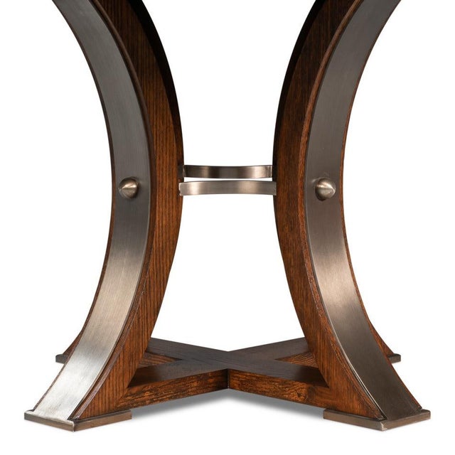 Transitional Round Dining Table, Medium - Warm Brown Oak With Hammered Iron Accents For Sale - Image 10 of 11