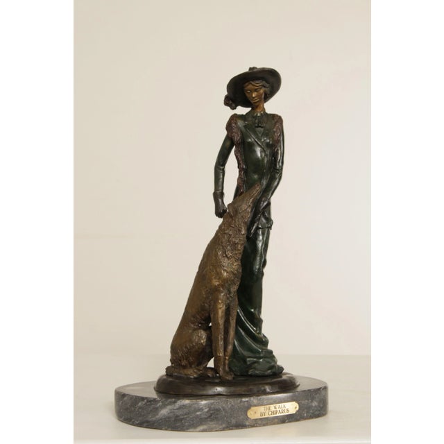 Original Sculpture by Demetre Chiparus (Romanian, 1886-1947), 'The Walk' Woman with Dog, Patinated Bronze on Marble Base,...