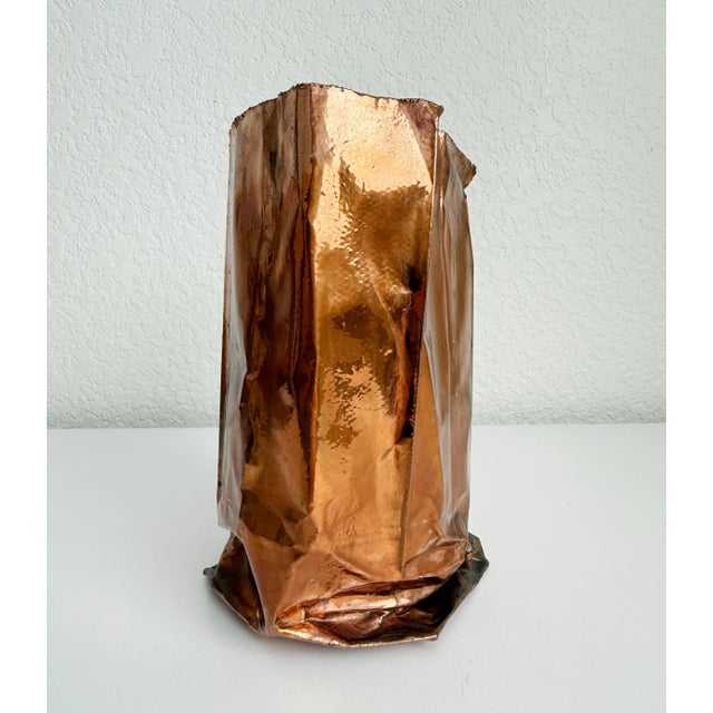 Metal 1980s Postmodern Copper Metal Paper Bag Vase For Sale - Image 7 of 11