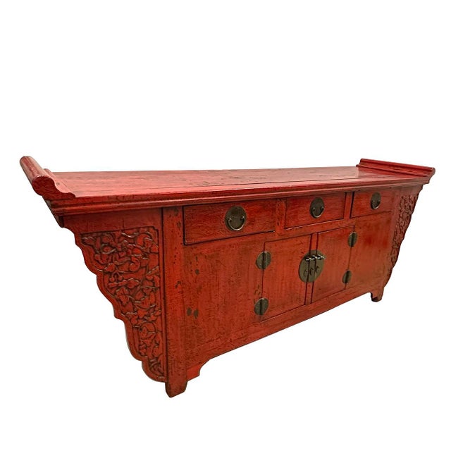 This Chinese Antique Altar Cabinet/Buffet Table was made from solid Elm wood with red lacquered finish and beautiful open...