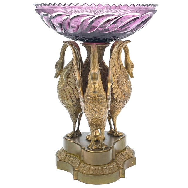 Russian Ormolu and Amethyst Glass Swan Centerpiece, Attributed to Imperial Russian Glass Works St. Petersburg Imperial...