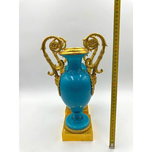 Antique Charles X French Vases in Blue Opaline and Gilded Bronze, Set of 2 For Sale - Image 3 of 13