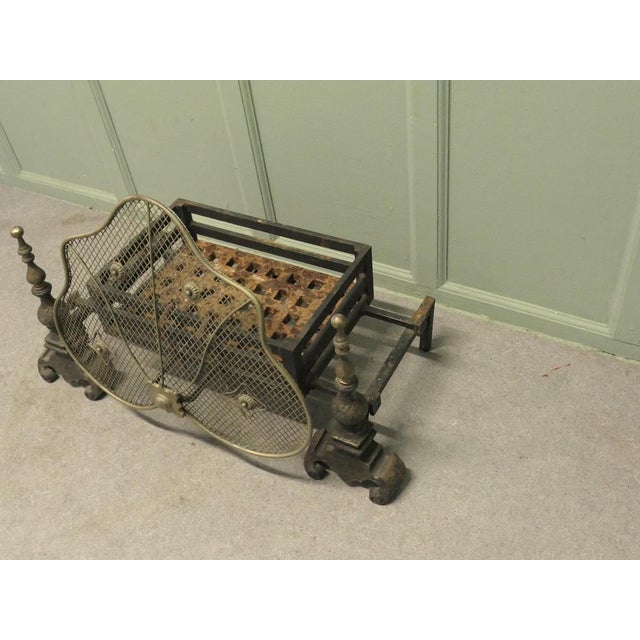 Metal Antique Fire Grate on Andirons with Brass Guard, 1800s For Sale - Image 7 of 9