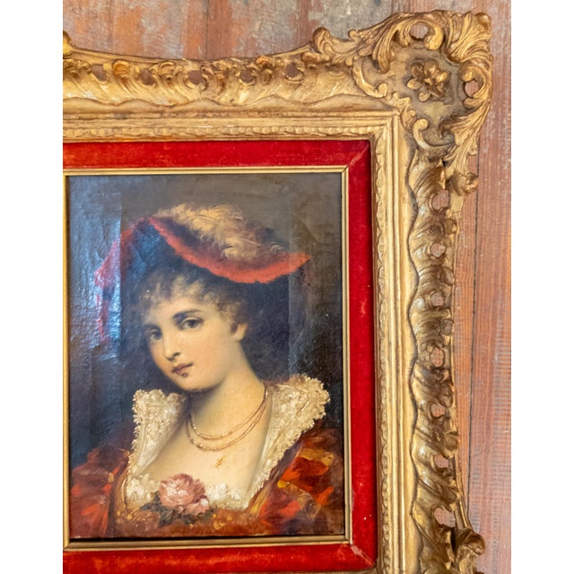 19th Century Continental European French Style Portrait Painting of a Lady in Red, Signed For Sale - Image 4 of 14