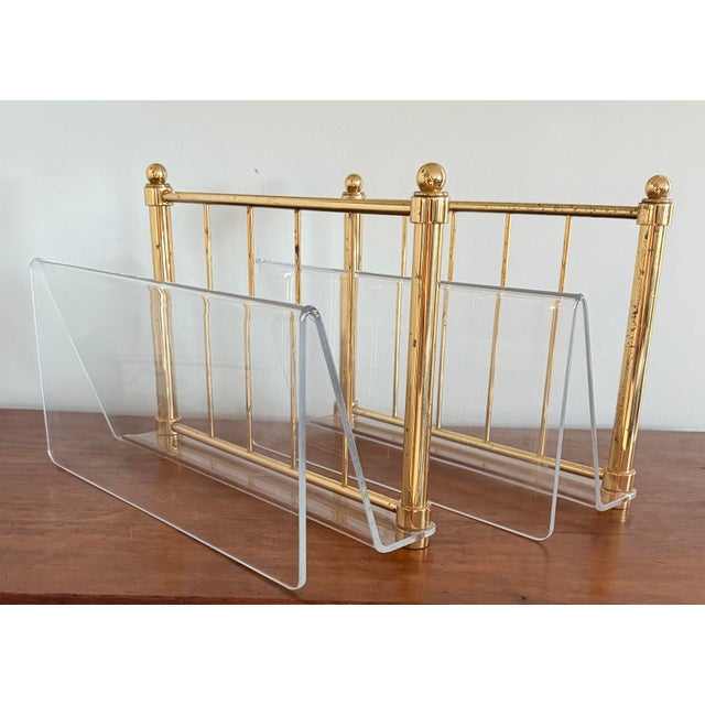 Mid-Century Modern 1970s Lucite and Brass Magazine, File Holder Holders - A Pair For Sale - Image 3 of 11