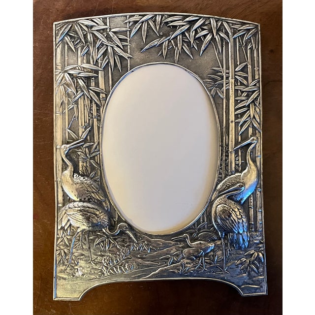 19th Century Antique 19th Century Aesthetic Movement Silver Plate Picture Frame With Cranes and Bamboo For Sale - Image 5 of 11