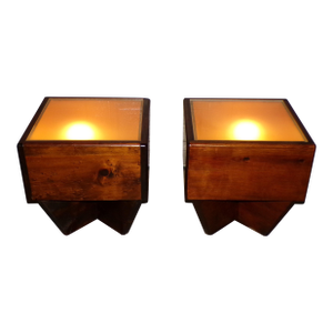 Vintage Mid Century Modern Pair Handcrafted Light Up End Tables Cocktail Tables
