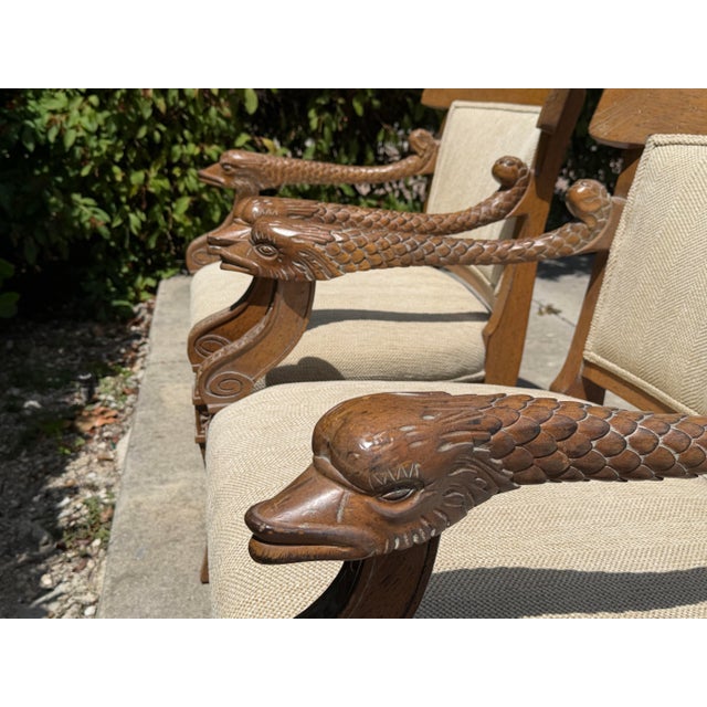 Late 20th Century Vintage Neoclassical Carved Dolphin Armchairs, Pair For Sale - Image 5 of 16