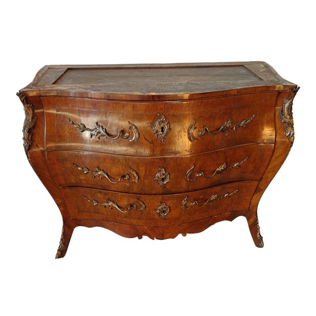 Louis XV Serpentine Commode - French Walnut ca. 1760 Original marble top with serpentine outline Original Gilt Bronze...