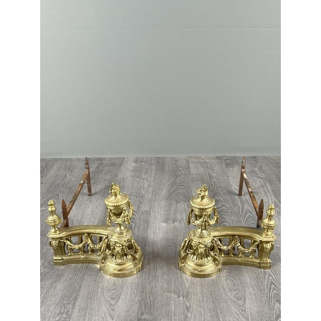 Gold 20th Century Louis XVI Style Gilt Bronze Andirons, Set of 2 For Sale - Image 8 of 9