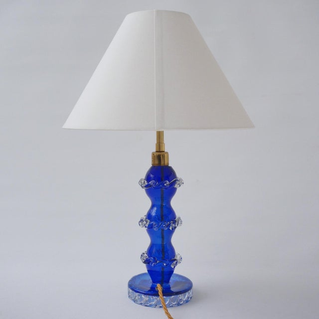 Glass 1920`s Italian Antique Murano Glass Table Lamp, Handblown Cobalt Blue Crystal, Barovier & Toso Style - Rewired For Sale - Image 7 of 14