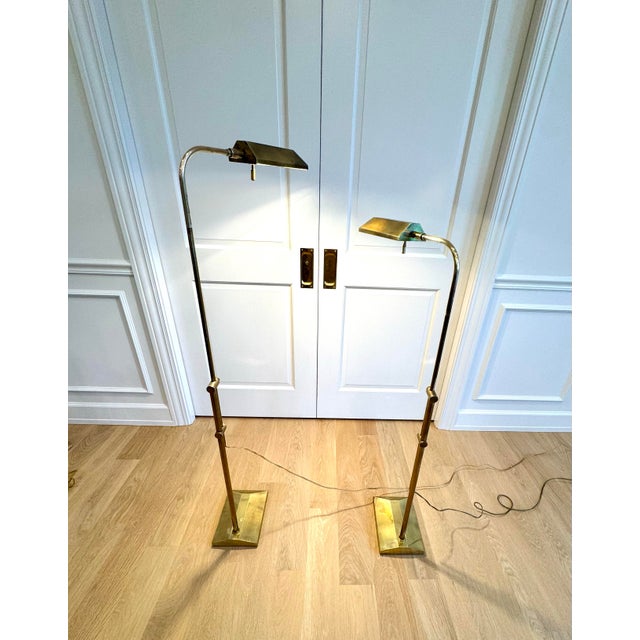 1970s Vintage Frederick Cooper Adjustable Solid Brass Pharmacy Floor Lamps — Pair | Architectural Modern Reading Lamps For Sale - Image 5 of 11