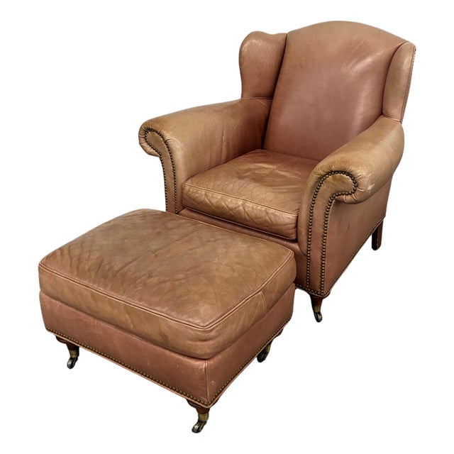 Vintage Baker Milling Road Leather Wingback Chair & Ottoman With Nailheads and Casters For Sale