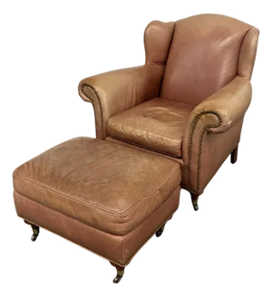 Vintage Baker Milling Road Leather Wingback Chair & Ottoman With Nailheads and Casters