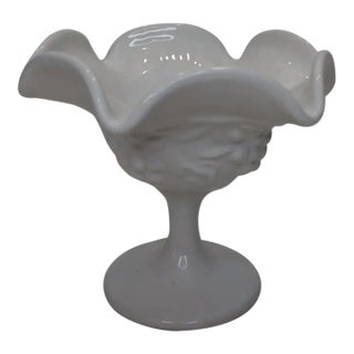1950s Indiana Milk Glass Ruffled Grape and Leaves Small Compote Sundae Dish For Sale